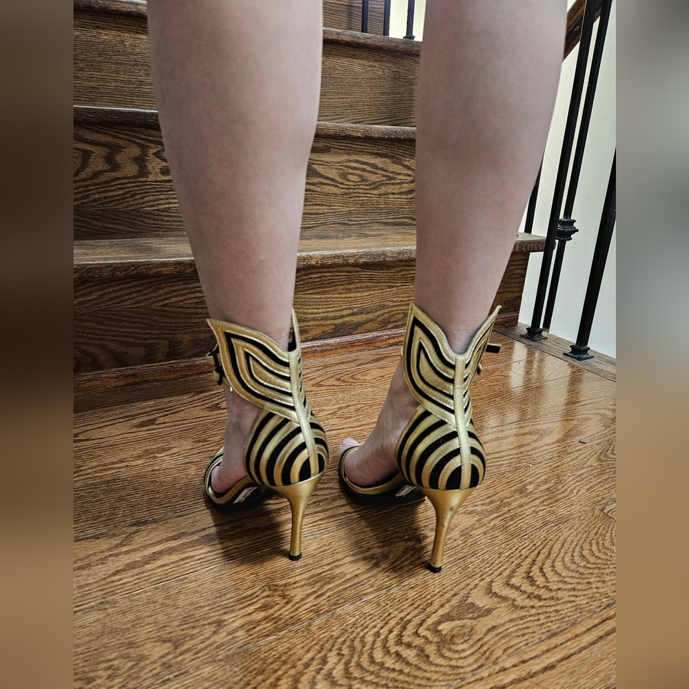 StellaLuna Gold Wings Leather Double Buckle Strap Heel Sandals - Picture 10 of 16